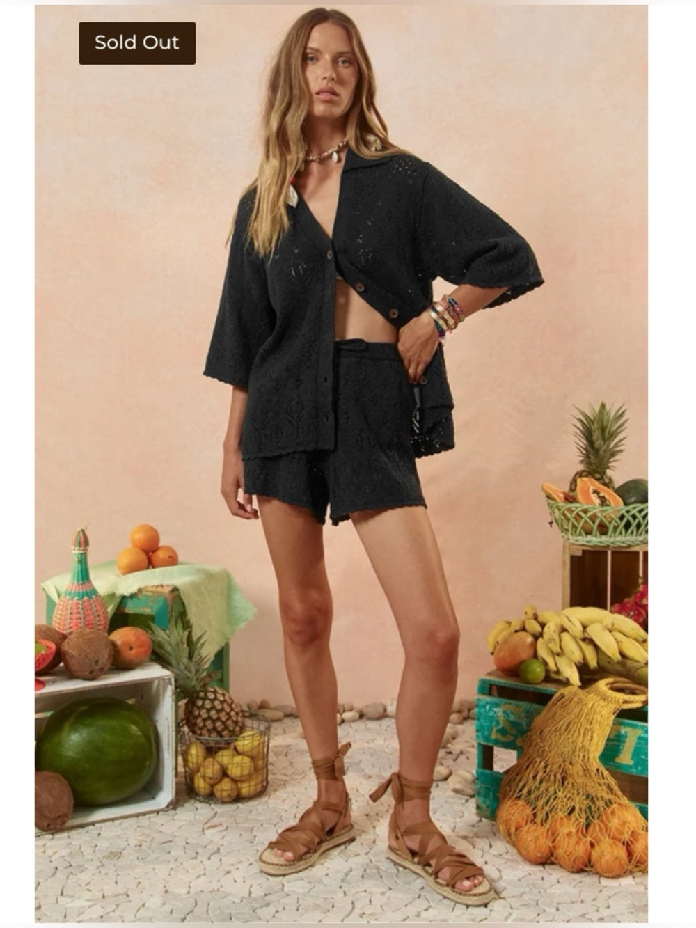 SPELL & The Gypsy Collective Rhodes Knit Button Up Shirt in Onxy M $195